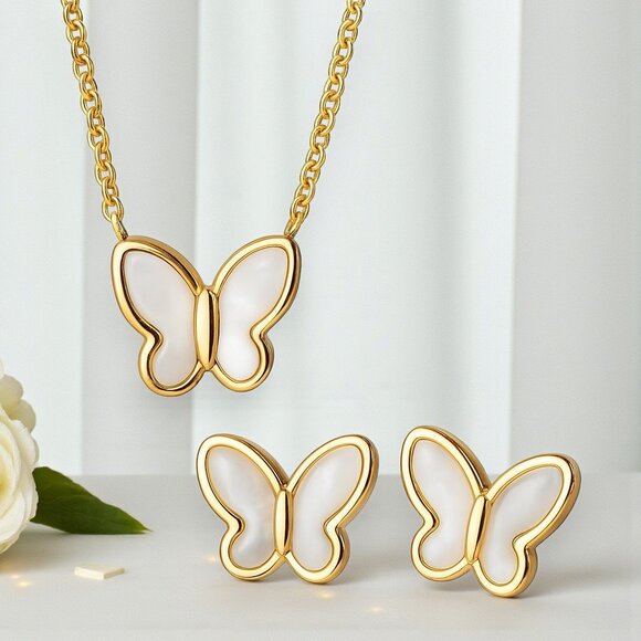 🆕 Whimsical Butterfly 18K Gold Plated Stainless Steel Mother Of Pearl Set - Picture 11 of 11
